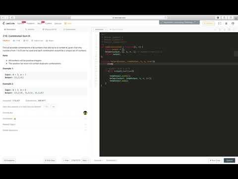Javascript Backtracking Array Template 216 Combination Sum Iii