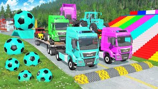 Flatbed Trailer McQueen Transportation with Truck - Speedbumps vs Cars vs Train - BeamNG.Drive #07