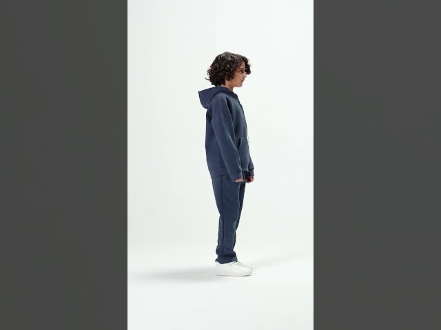 هودي أوفرسايز برباط للأطفال للجنسين - أزرق داكن