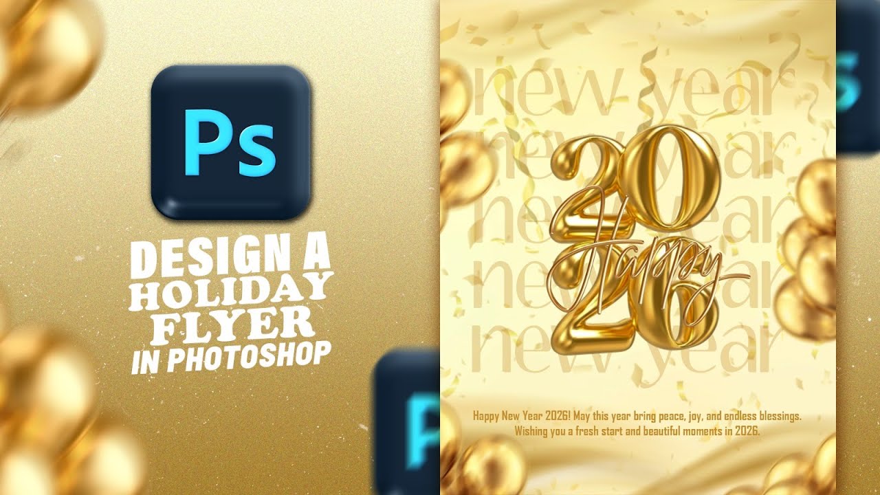 Gold New Year 2026 Flyer in Photoshop | Easy Holiday Poster Tutorial (Beginner Friendly)