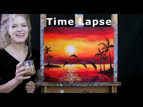 TIME LAPSE - How to Paint SUNSET DOLPHIN DIVE with Acrylic - Paint & Sip - Step by Step Tutorial