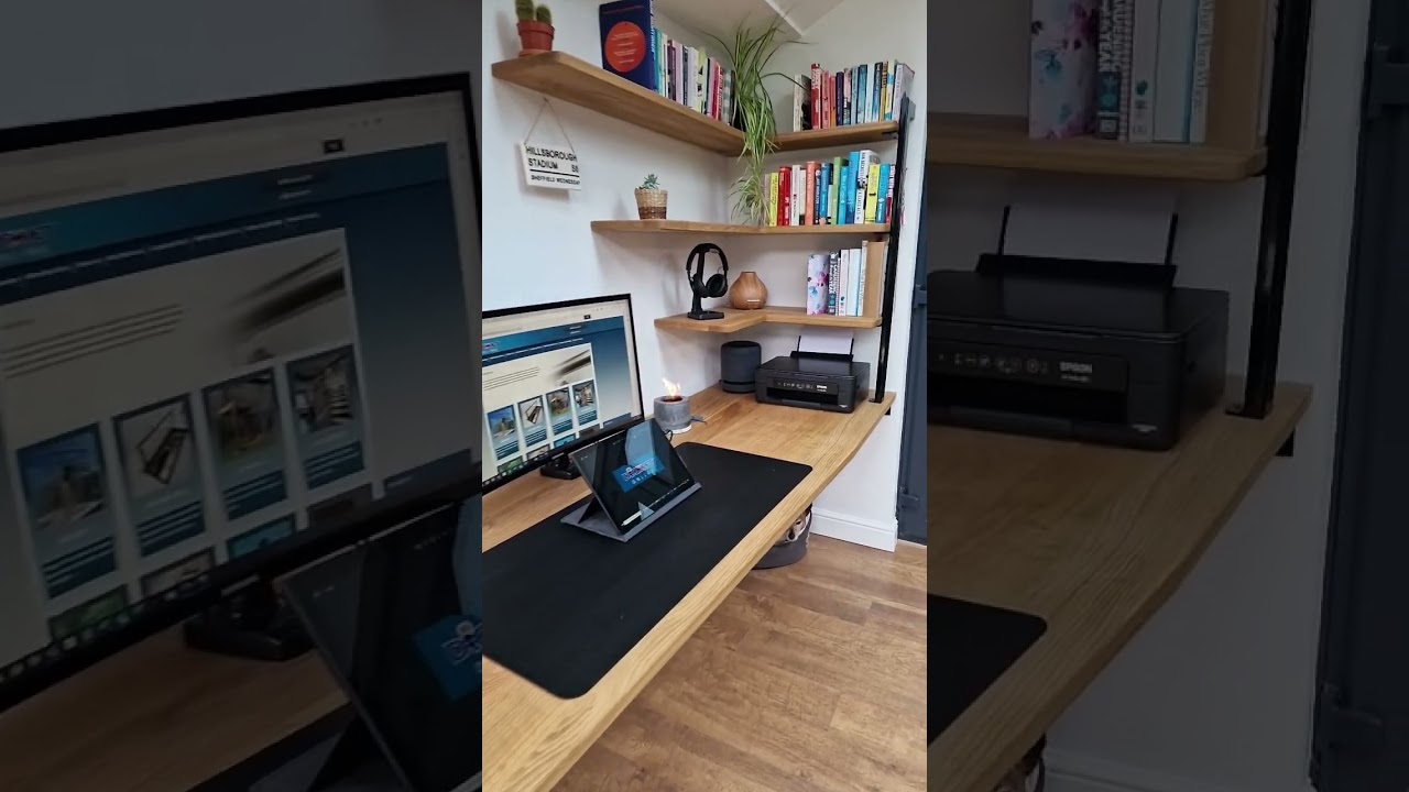 Custom oak table and floating shelves for this home office workspace.