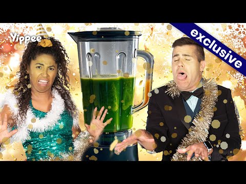 Two people in party outfits react with surprise beside a large blender full of green juice, with confetti around them and a celebratory vibe (exclusive thumbnail).