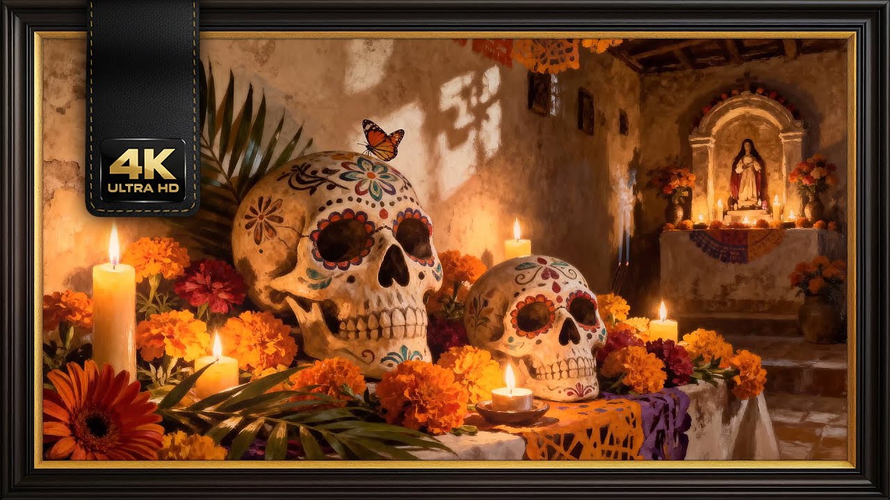 Day of the Dead 💀 Traditional Mexican Altar 🕯️ 4K Framed Art Screensaver | 2 Hours.