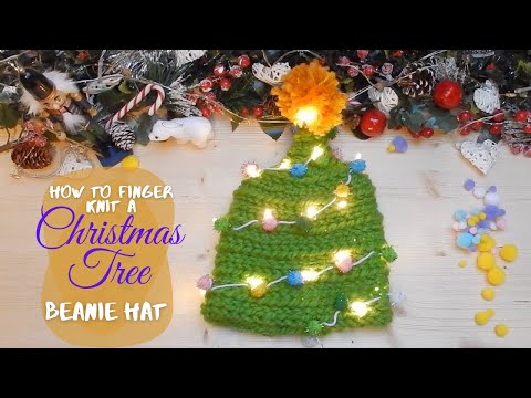 How to Finger Knit a Christmas Tree Beanie Hat - Full tutorial - Finger Knitting
