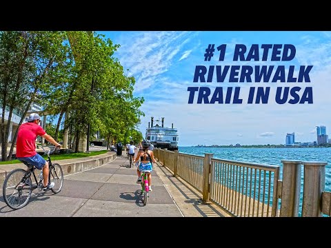 Biking Detroit's Riverwalk Trail - Virtual Bike Ride Relaxation Video