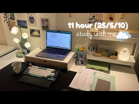 11 Hour Study With Me 🌧️ ( Pomodoro 25/5/10 ) Rain sound, Background noise, Typing sound, No music