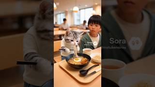 子供と一緒にそば食べる猫ルナ