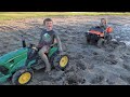 Playing in the mud with tractors | Both kids get stuck | Tractors for kids