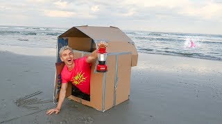 BOX FORT AT THE BEACH OVERNIGHT CHALLENGE!! (OCEAN MONSTER SPOTTED)
