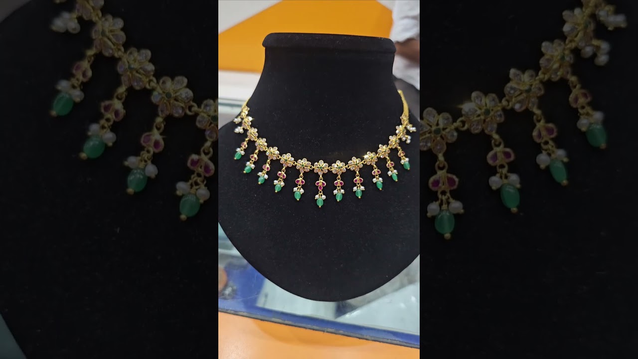 CZ Stones Flower Necklace with Ruby, Emerald & Moti Combination - 17.5g Net Wt 916 22KT Hallmarked