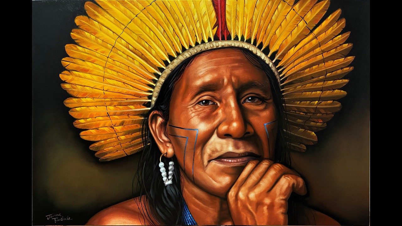 Sabedoria Ancestral | Retrato Indígena com Cocar Amarelo | Óleo sobre Tela 150x100 | Jaime Trindade