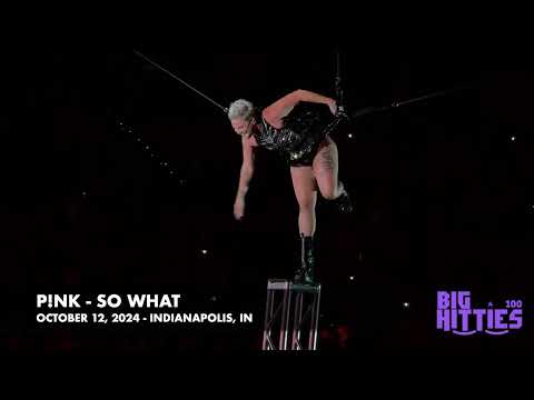 Pink performing "So What" while flying around Lucas Oil Stadium in Indianapolis on October 12, 2024