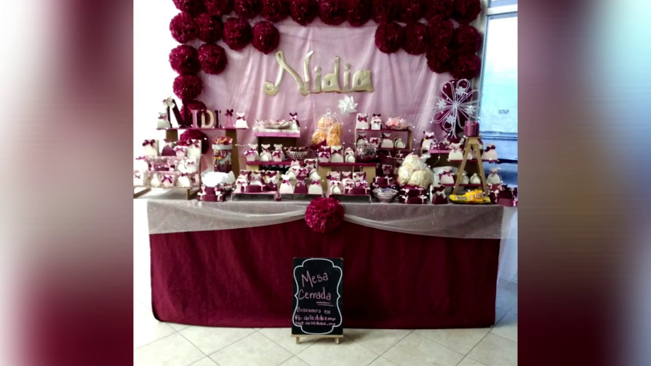 Mesa de dulces para XV Años en tonos Vino, dorado y rosa / Candybar Sweet XV