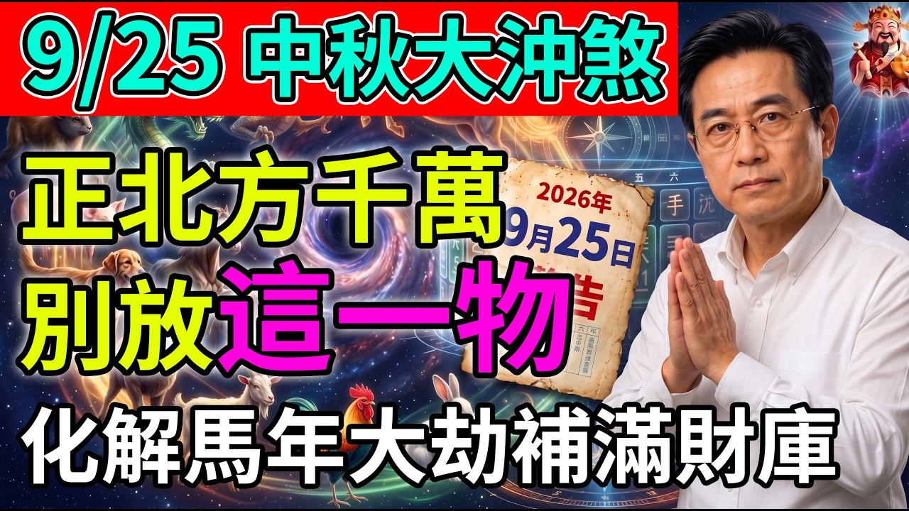 9月25號中秋節必看！易經警告：這3生肖當天「大沖煞」，家裡正北方千萬別放1物，化解2026馬年大劫！#中秋節禁忌 #2026馬年 #生肖運勢 #易經風水 #補財庫 #大沖煞 #開運招財 #排寒養生