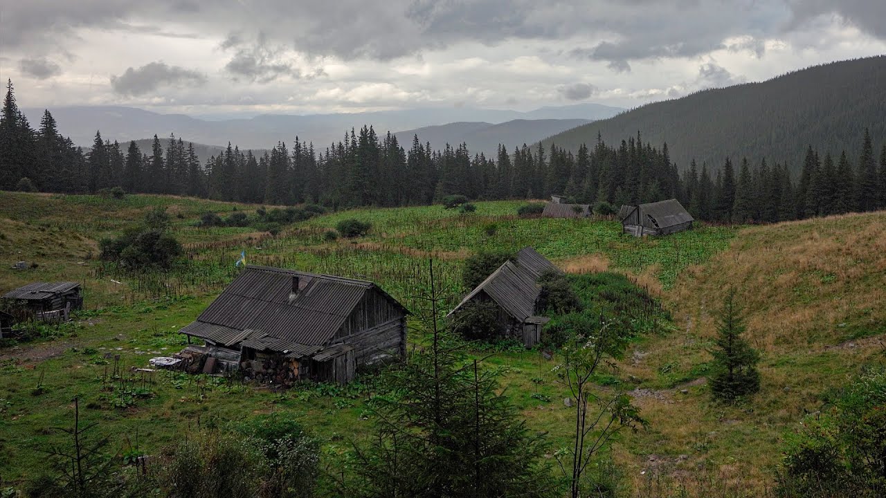 Abandoned tiny log cabin, large farm, rainy day off grid living