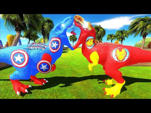 CAPTAIN AMERICA T REX vs IRON MAN DEATH RUN - Animal Revolt Battle Simulator