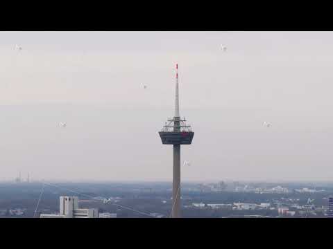 Colonius Turm Koeln telecommunication tower with Deutch Telecom logo aerial view in Cologne, Germany