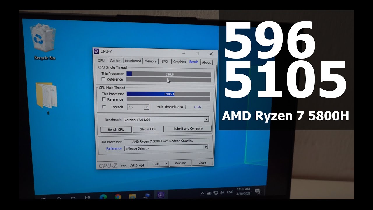 CPU-Z Benchmark (AMD Ryzen 7 5800H, Lenovo Legion 5 Pro laptop)