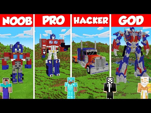 Optimus Prime Transformer Build Battle Challenge - Noob vs Pro vs Hacker vs God -Minecraft Animation