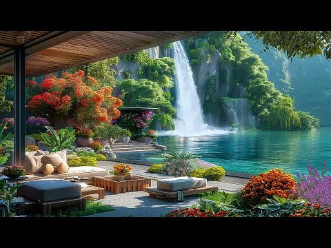 Morning Lakeside Ambience🌷Flower Garden, Waterfall Sounds & Birds for a Comfortable & Relaxing Mood