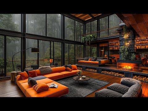 Rainy Day Vibes - Cozy Living Room in a Forest Cabin with Fireplace Crackles and Nature Sounds