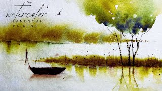 peaceful watercolor landscape . boat and trees reflection art