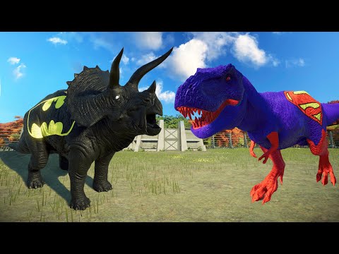 SUPERMAN T-REX VS BATMAN TRICERATOPS BATTLE SUPERHEROES - Jurassic World Evolution 2