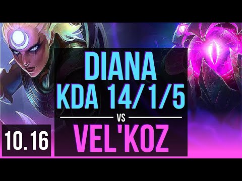 DIANA vs VEL'KOZ (MID) | KDA 14/1/5, Legendary | KR Master | v10.16