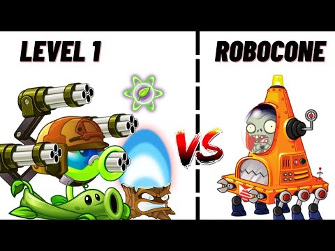 Plants vs Zombies 2 - Level 1 Mega Gatling, Torchwood, Pea Vine & other Pea Power up VS Robo-cone