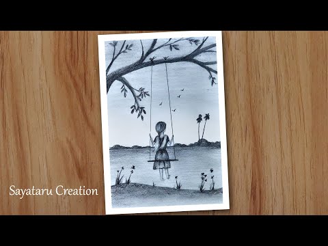 How to draw a girl on a swing step by step, Pencil drawing for beginners
