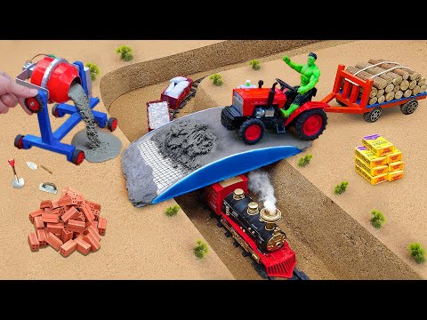 Bridge collapsed due to overload - DIY mini bricks overpass science project for trains & tractors