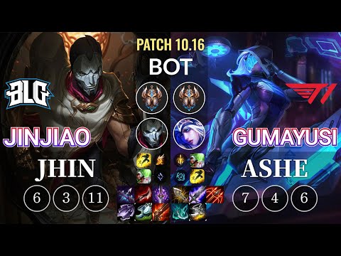 BLG Jinjiao Jhin vs T1 Gumayusi Ashe Bot - KR Patch 10.16