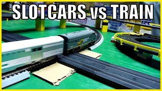 HO Slot Cars versus Passenger Train on our layout - Crashes at Road & Rail crossing