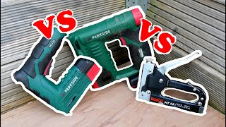 Der große Tackervergleich unter 30€: Die Akkutacker Parkside 4V vs Parkside 12V vs Handtacker Bosch