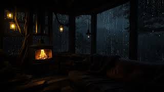 Soft Rain on Window with Fireplace Sounds in Warm Cabin Night for Restful Sleep