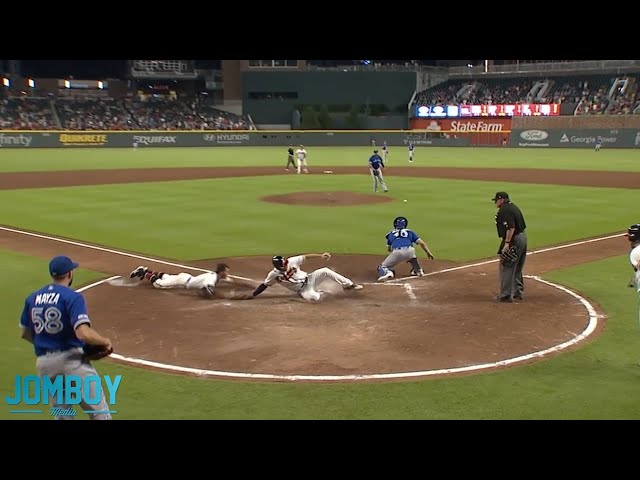 Matt Joyce and Dansby Swanson run from 2nd to home and score in tandem, a breakdown