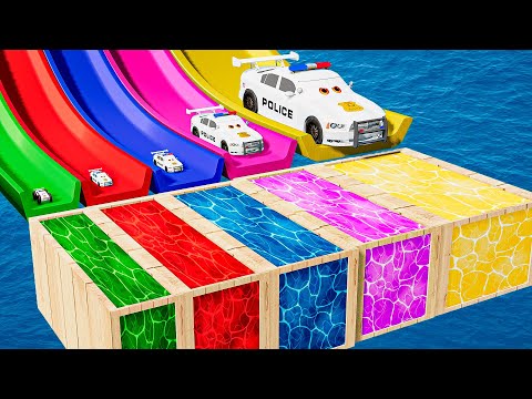 Small Cars on Big Police Car vs Slide Color with Portal Pool Cars vs Deep Water in BeamNG.Drive #1