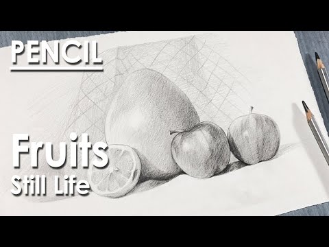Pencil Drawing Still Life Realistic Fruits | Apples Lemon Pomelo
