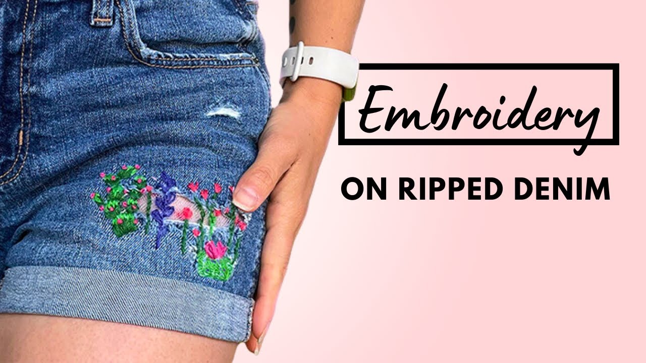 DIY embroidery on ripped jeans — turning holes into design