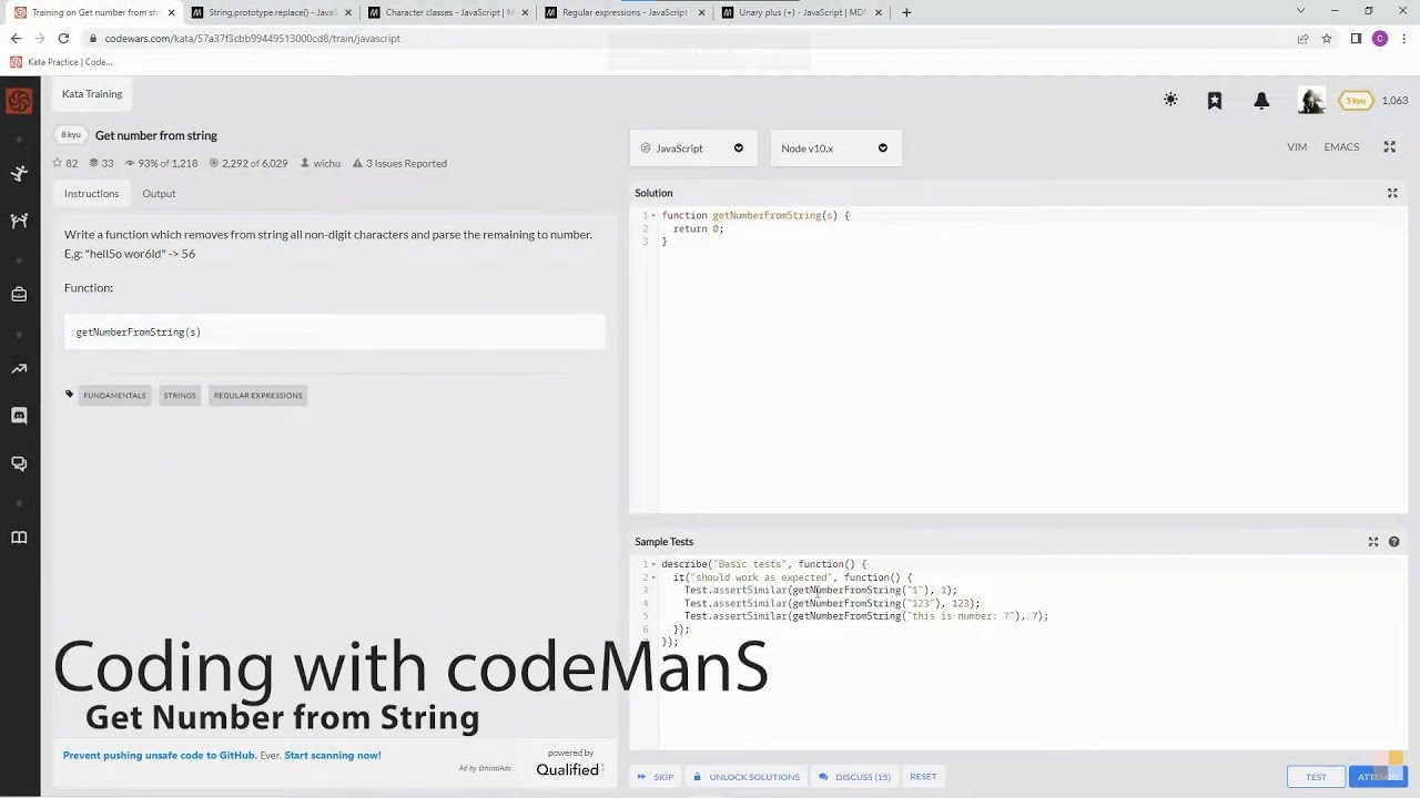 Codewars 8 kyu Get Number from String JavaScript