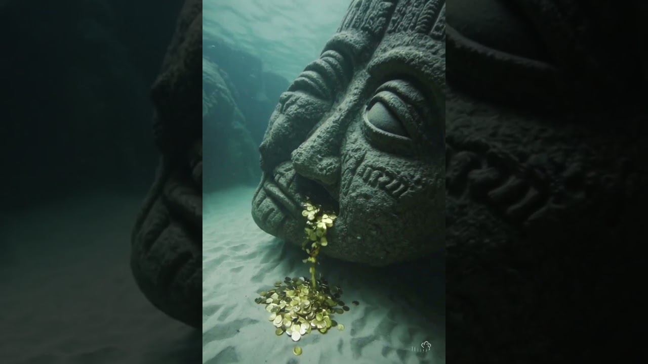 Gold Coins Flowing from Sunken Stone Face 🪙🗿 #shorts #ai #underwater