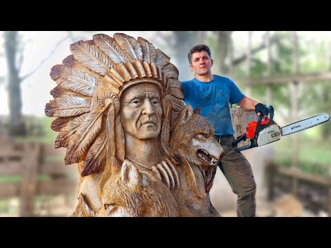 sculpture chainsaw wood carving native american with wolves