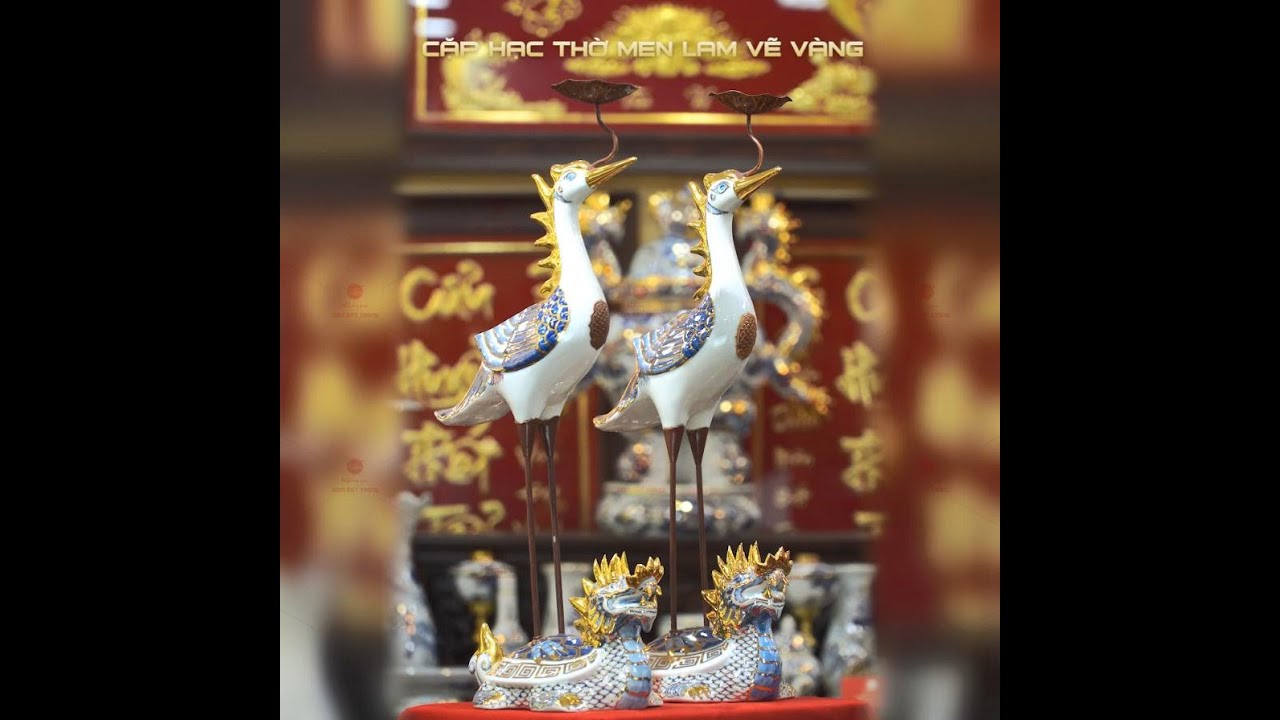Hạc Thờ Trắng Men Lam Vẽ Vàng (Chiếc)