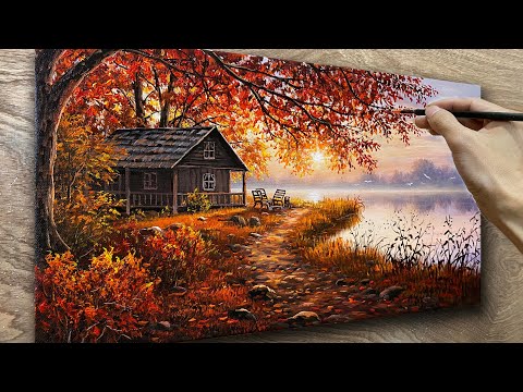 Painting a sunrise scene / Morning landscape with a house next to the lake / Acrylic painting.