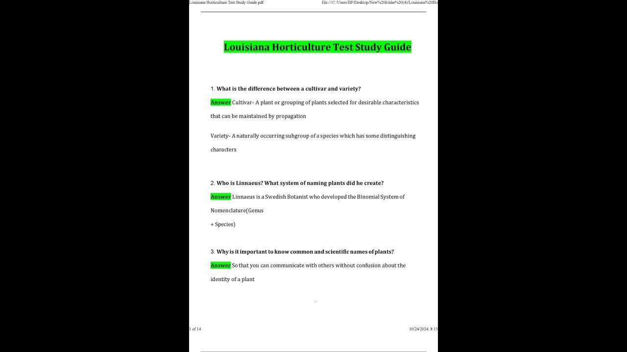 Louisiana Horticulture Test Study Guide 2024 Questions and Verified Answers 2024   2025 100% Guarant