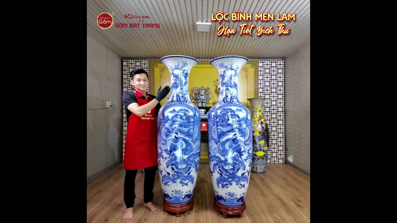 Lộc Bình Béo 1M6 Men Lam Bích Thư