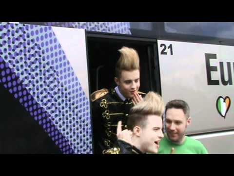 Jedward arrive at the Dusseldorf Arena for their first Eurovision rehearsal.