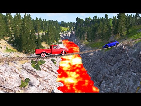 Cars Vs Suspension Bridge - BUT THE FLOOR IS LAVA - BeamNG Drive
