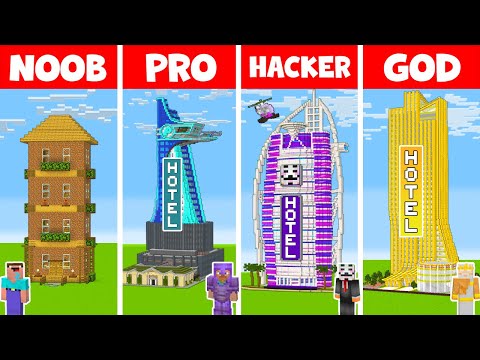 EPIC Minecraft Skyscraper Hotel Build Challenge - Noob vs Pro vs Hacker vs God / Animation